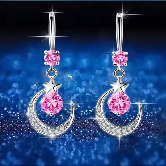 NIB Elegant S925 Sterling Silver Zircon and Pink Crescent Moon Earrings - Picture 2 of 8